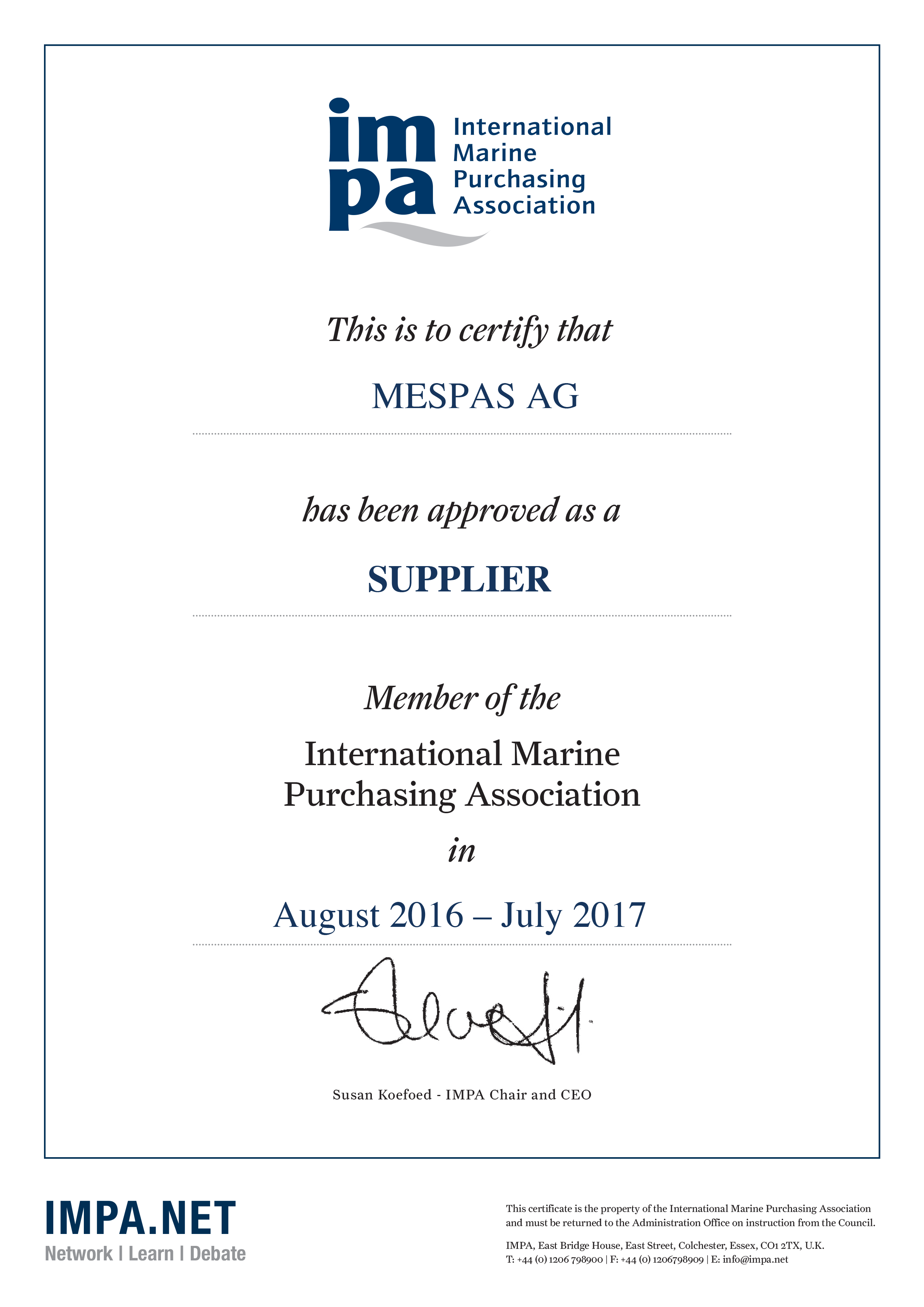 MESPAS is Certified Partner of International Marine Purchasing Organisation (IMPA)